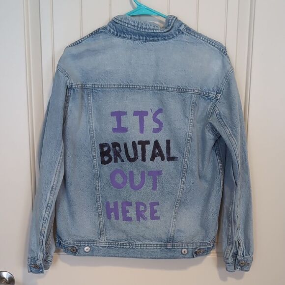 Old Navy Light Blue Boyfriend Distressed Jean Jacket - Painted Writing On Back - Picture 8 of 13
